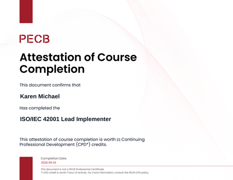 PECB attestation of course completion — ISO/IEC 42001 Lead Implementer — Karen Michael — September 25, 2026